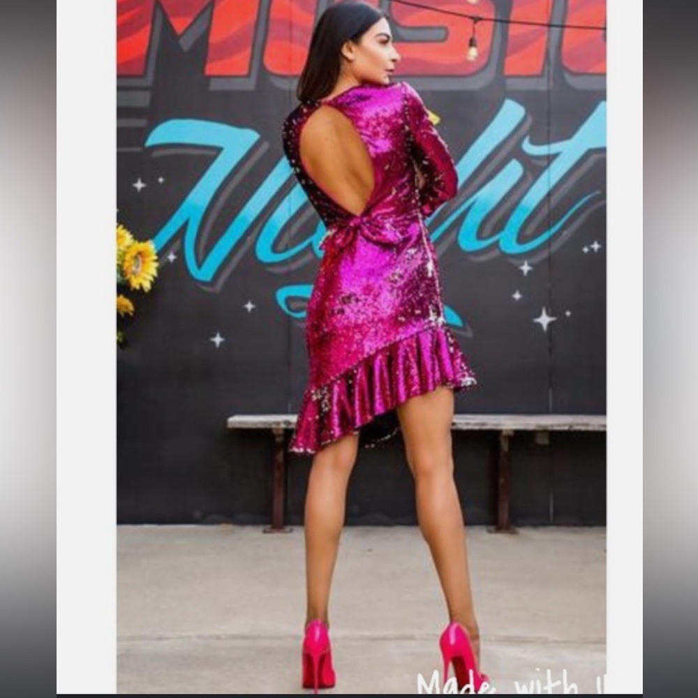 Fuchsia Sequin Asymmetrical Open-Back Dress - Women